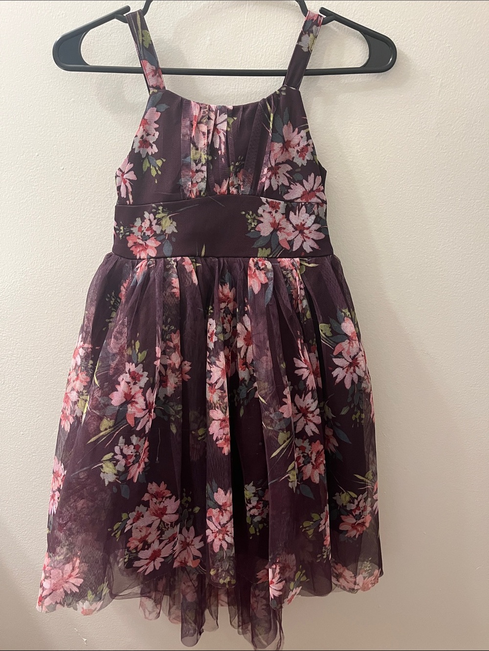 Zhenzi Plum Floral Tulle Dress with Pink Blossoms